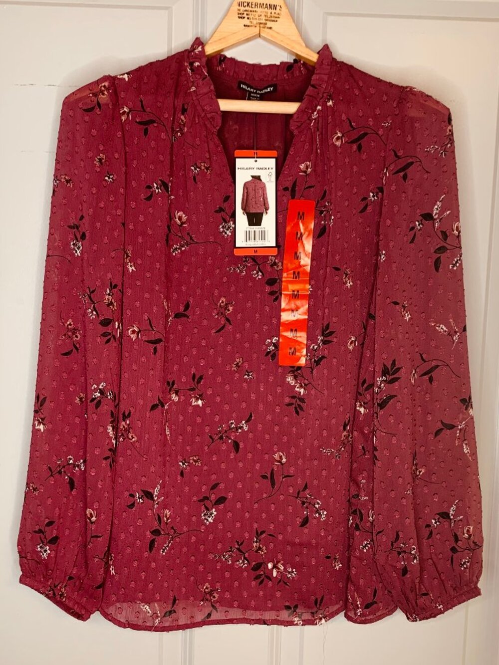 Hilary Radley Burgundy Combo Long Sleeve Blouse, Size M, NWT